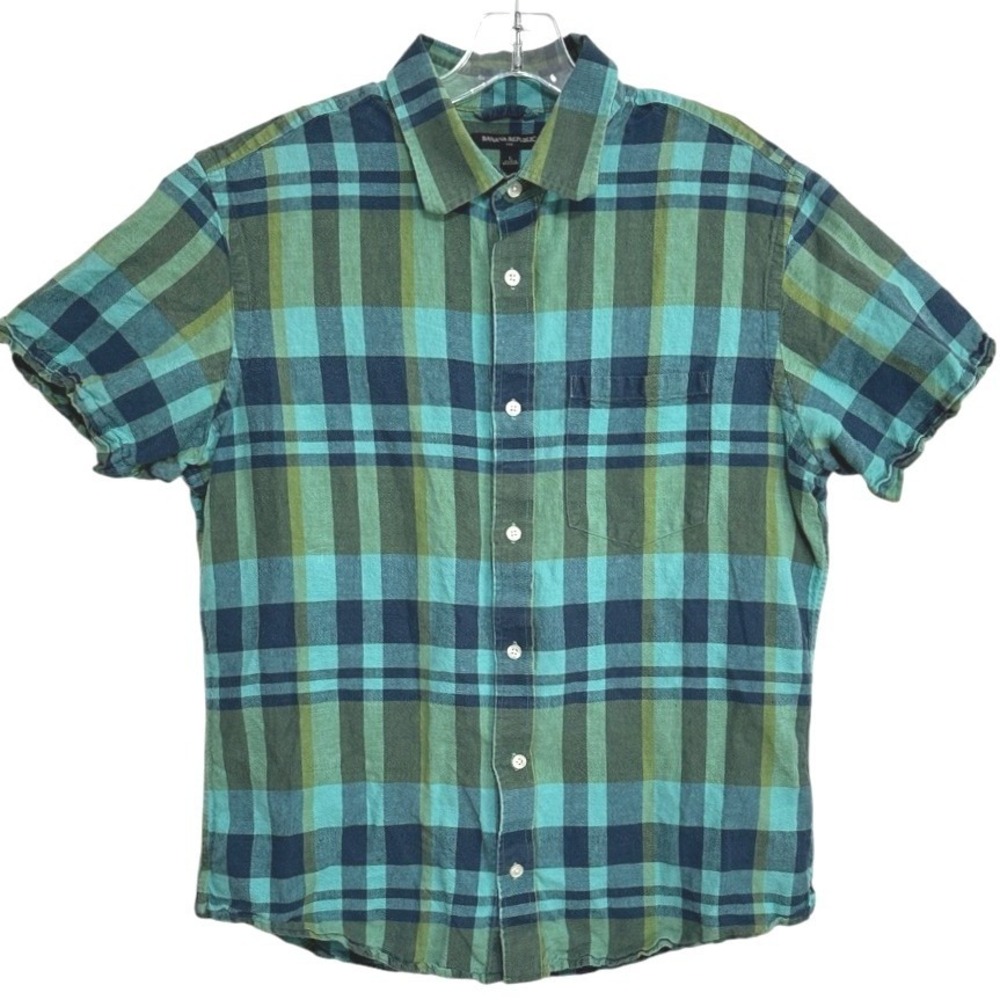 Banana Republic Shirt Mens Button Down Gree Plaid Linen Blend Coastal Preppy L